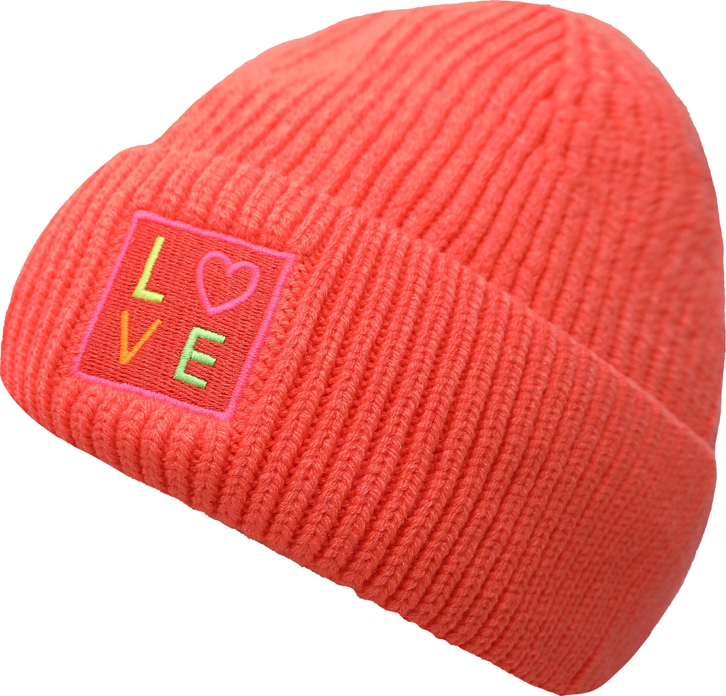 Rippenstrick Mütze LOVE mit Neon Patch