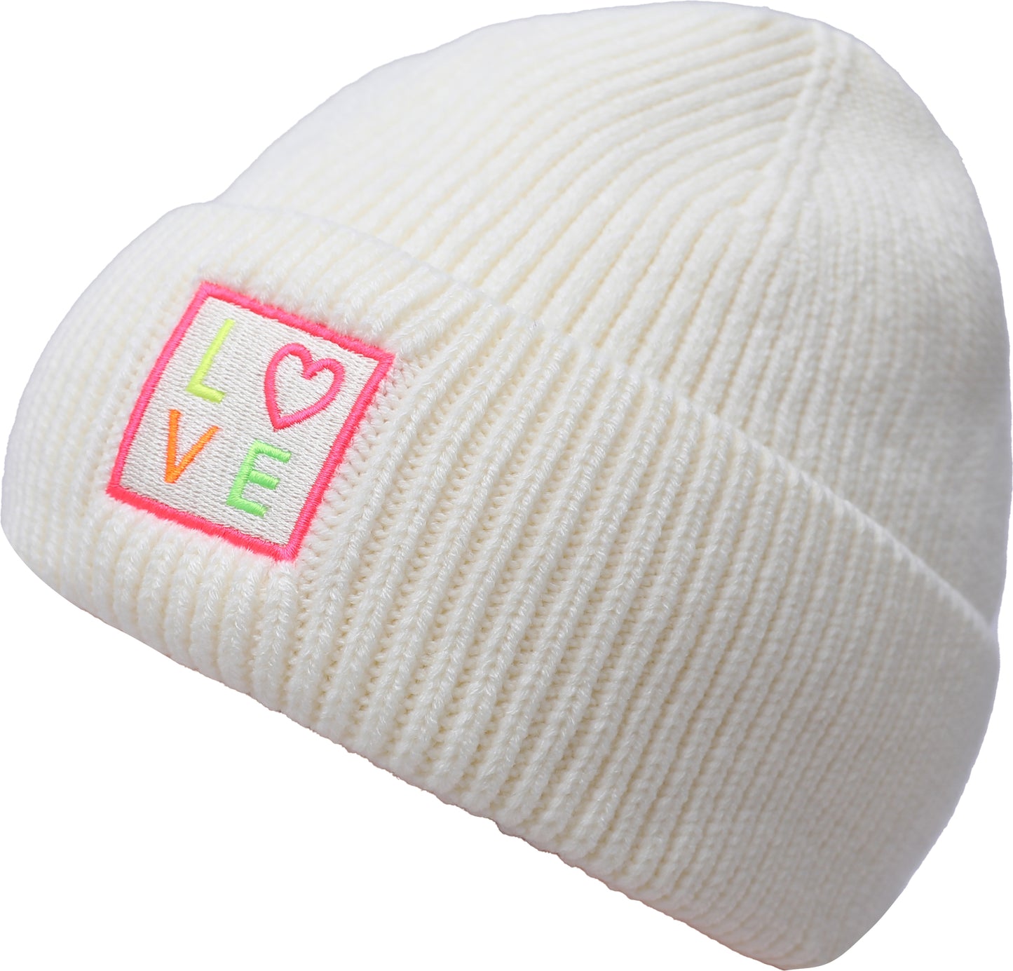 Rippenstrick Mütze LOVE mit Neon Patch