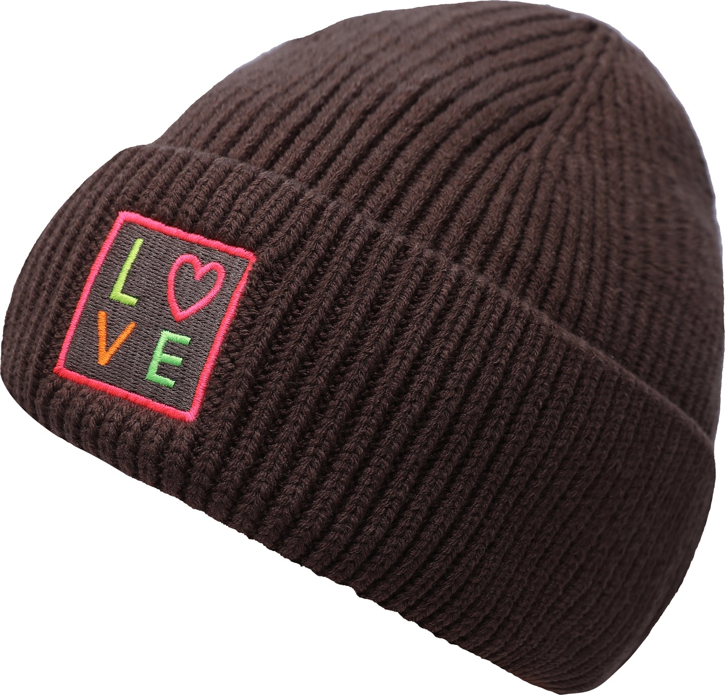 Rippenstrick Mütze LOVE mit Neon Patch