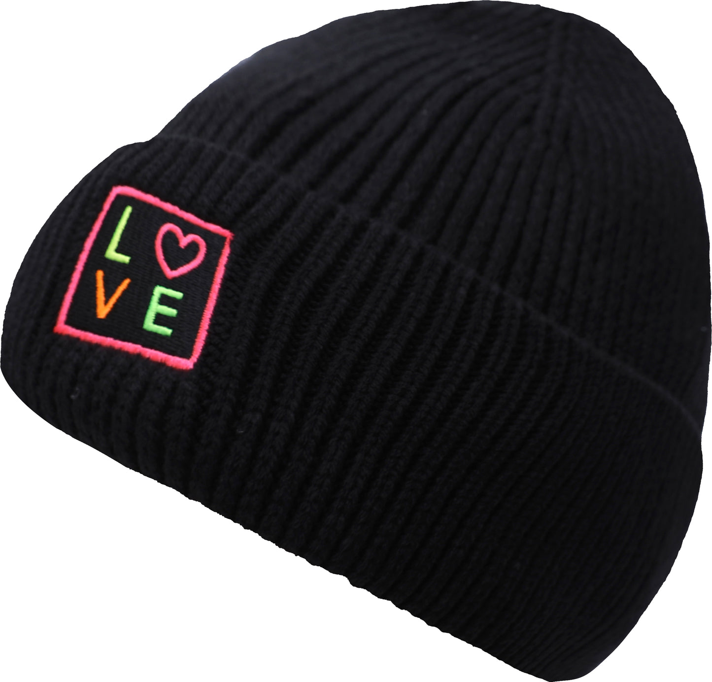 Rippenstrick Mütze LOVE mit Neon Patch