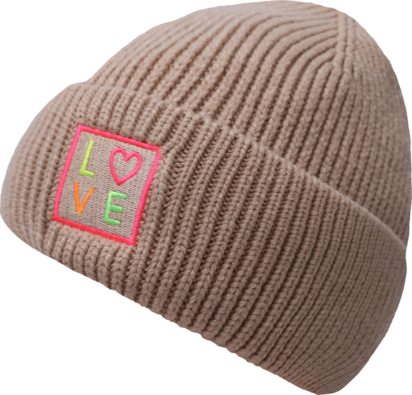 Rippenstrick Mütze LOVE mit Neon Patch