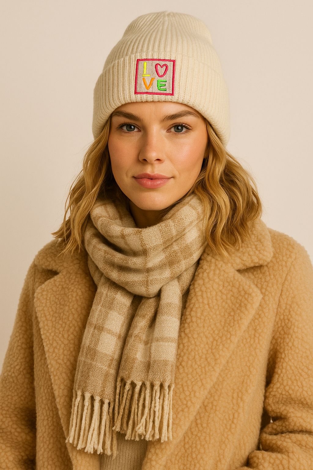 Rippenstrick Mütze LOVE mit Neon Patch
